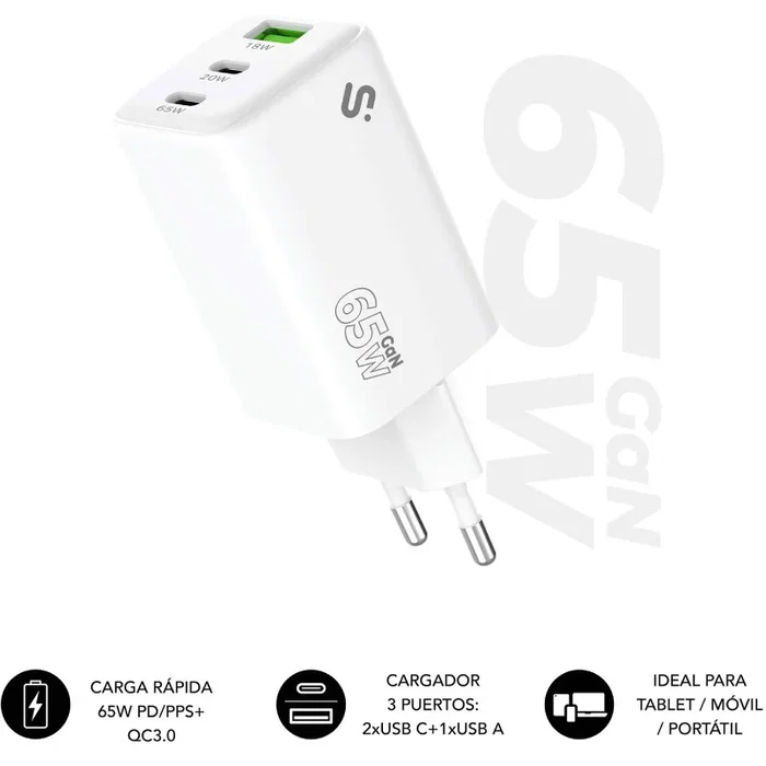 SUBBLIM Cargador GaN 65W Blanco con 2x USB-C y 1x USB-A SUBBLIM Cargador GaN 65W Blanco con 2x USB-C y 1x USB-A
